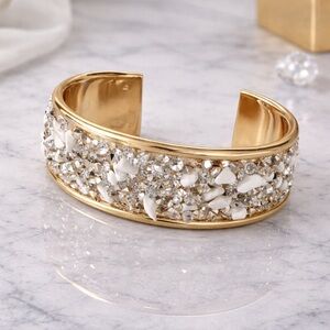 Gold Tone White Crystal Cuff Bracelet Sparkly Statement Bangle
